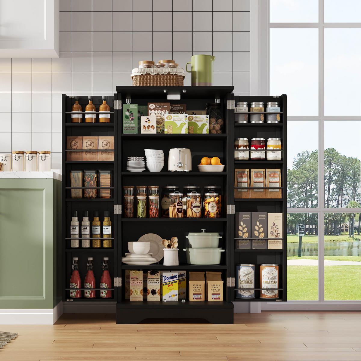 AUFBEWAHRUNGSSCHRANK 120x60x40cm Schwarz mit LED Licht & Wellentüren - Schwarz, Holzwerkstoff (40/120/60cm) - Modfu