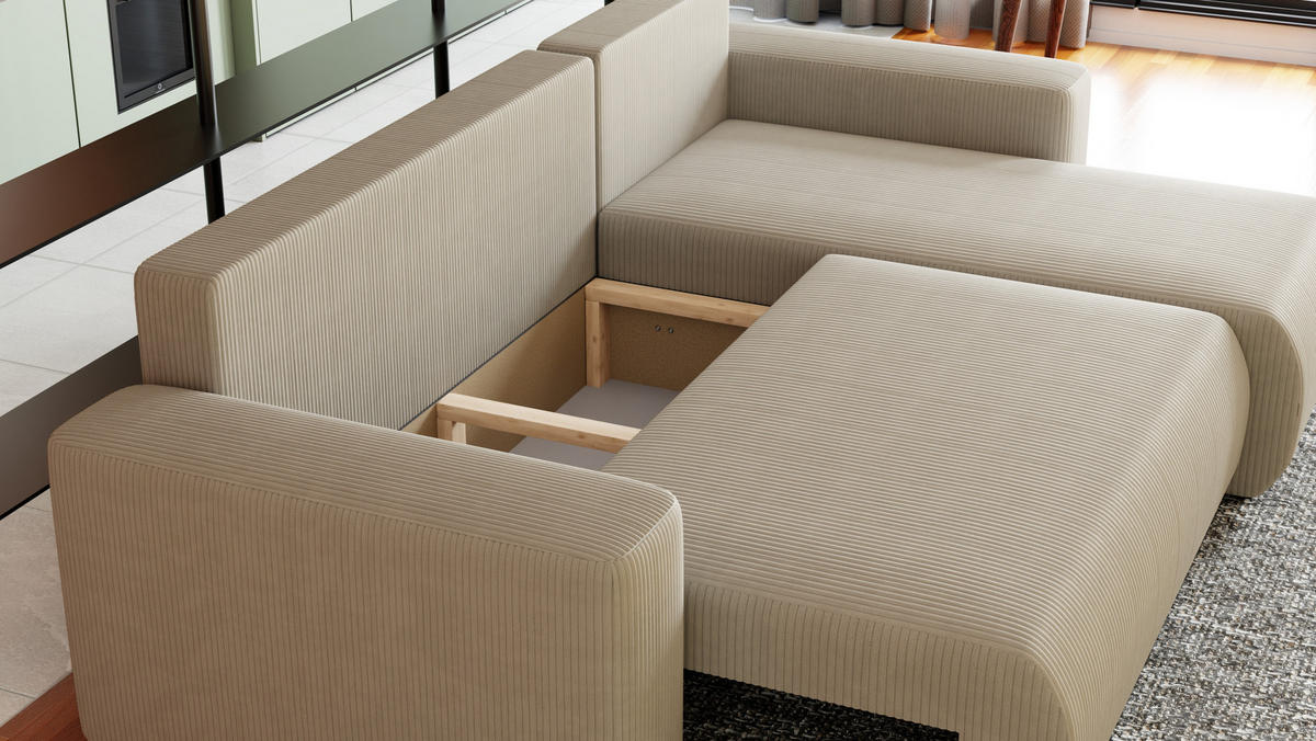 ECKSOFA Travis mit Bettkasten und Schlaffunktion, L-Form, Cord, Universal - Beige, Holzwerkstoff (248/148cm) - 4ALL HOME