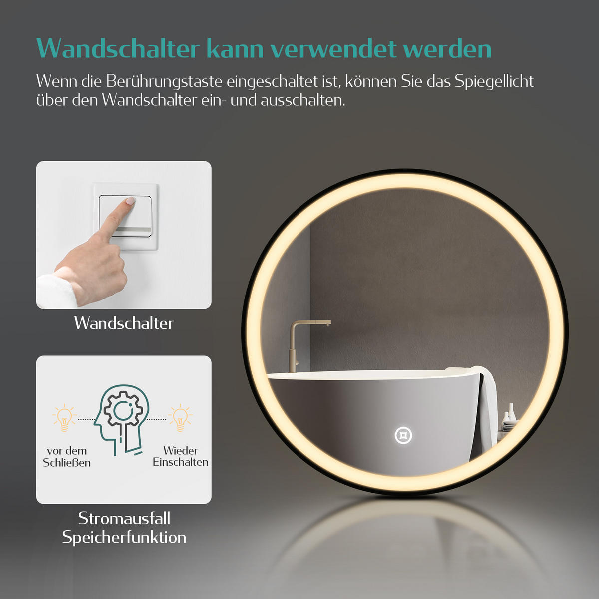 BADSPIEGEL Rund mit Beleuchtung mit Hängeriemen Schwarz ф60 cm - Schwarz, Glas (60/3/60cm) - EMKE