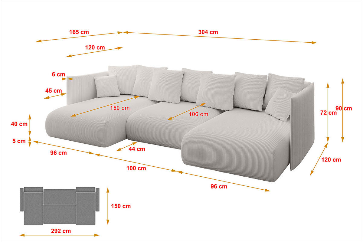 WOHNLANDSCHAFT mit Schlaffunktion und Bettkasten ONESK-U 304x165x40 Hellgrau Cord - Hellgrau, Holzwerkstoff/Kunststoff (304/90/165cm) - ALTDECOR
