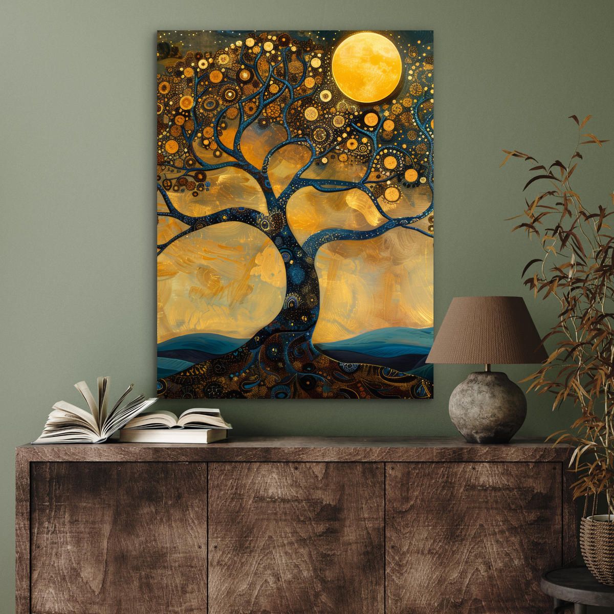 METALLBILD Baum - Mond - Blumen - Gold - Kunst 60x80 cm - Orange, Metall (60/80cm) - MuchoWow