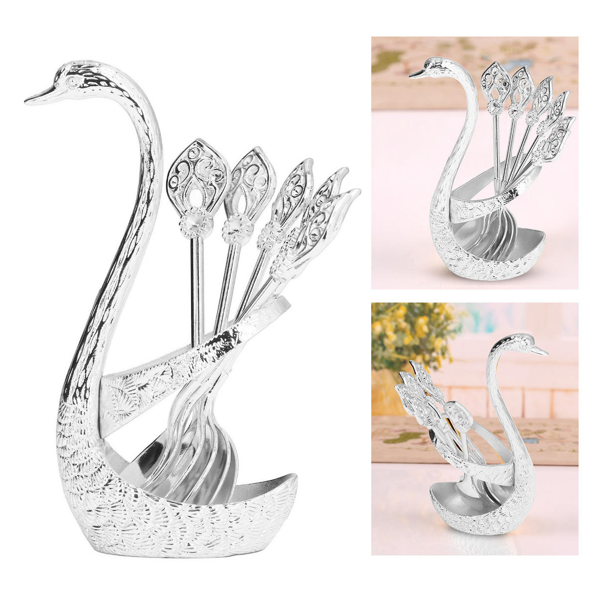 BESTECK-SET, 1 Löffelhalter, Schwan, elegant, mirror polish - Silberfarben, Metall