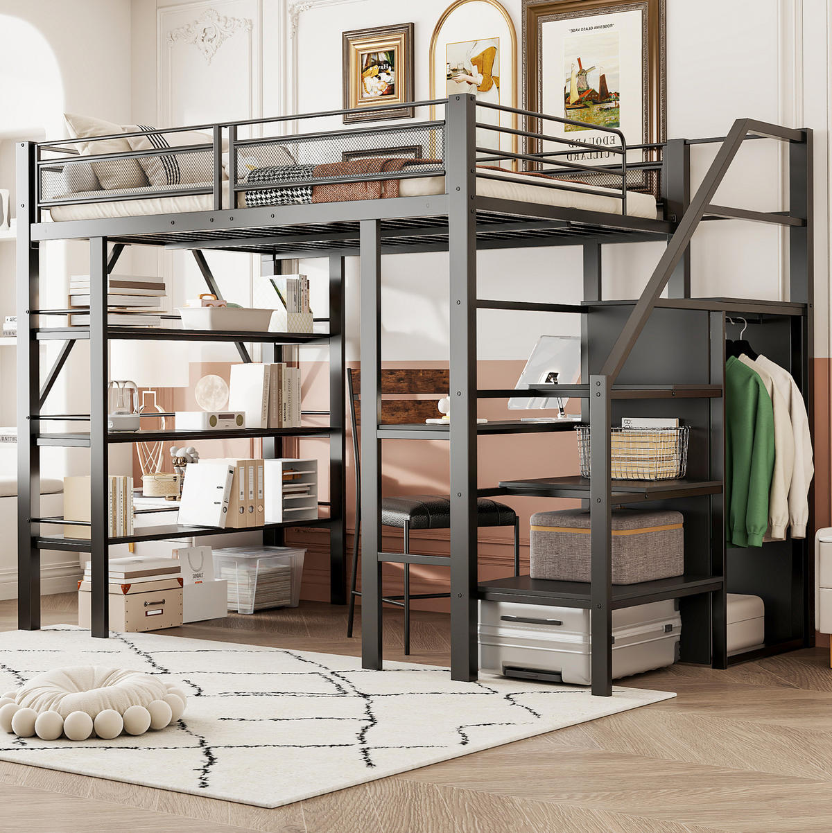 HOCHBETT aus Metall 140x200 cm Schwarz mit Schreibtisch, Kleiderschrank und Stauraumtreppe - Schwarz, Metall (140/200cm) - IVMEU