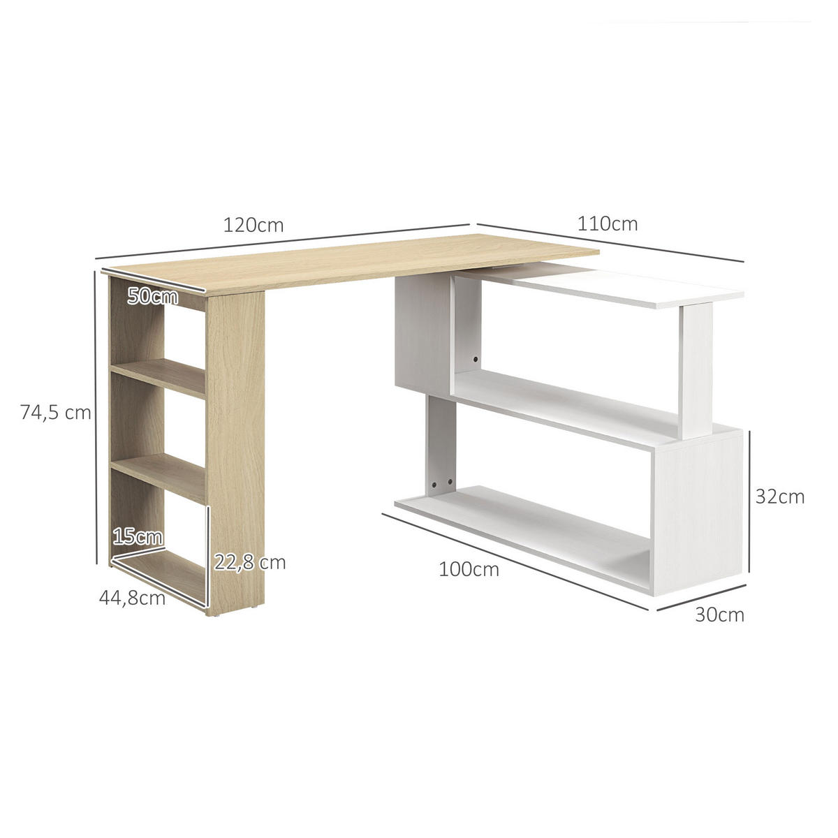 SCHREIBTISCH DE-14943 modulierbar mit 360°-Drehbücherregal Natur - Naturfarben, Holzwerkstoff (120/110/74.5cm) - ComfortXL