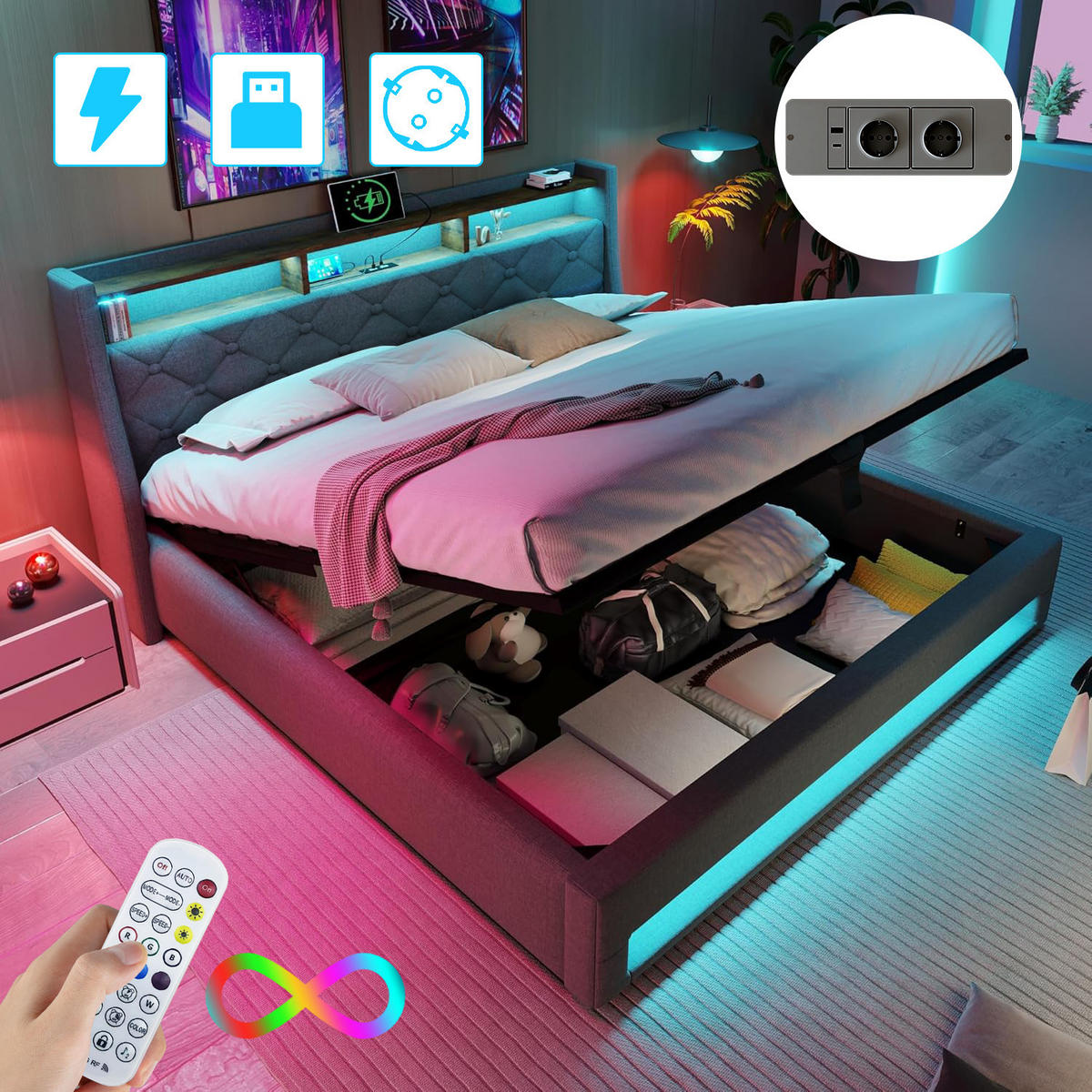 POLSTERBETT 160x200 cm mit LED, USB C, Hydraulische Bett mit Stauraum und Kopfteil, Stauraumbett Bettgestell mit Metallrahmen, Leinen, Grau - Grau, Metall