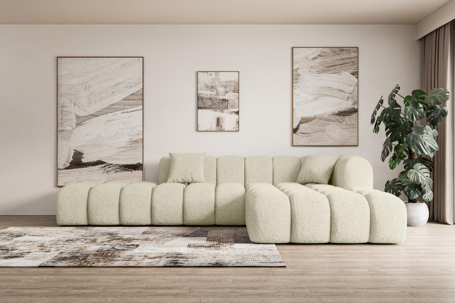 ECKSOFA Ottomane Rechts OLEA-L2 - 289x176x71 cm Beige Bouclé - Beige/Schwarz, Holzwerkstoff/Kunststoff (289/176cm) - ALTDECOR