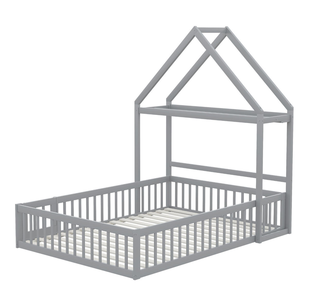 KINDERBETT 140/200 cm mit Dach, Stauraum, Tür und Lattenrost, Grau - Grau, Holzwerkstoff (140/200cm) - Redom