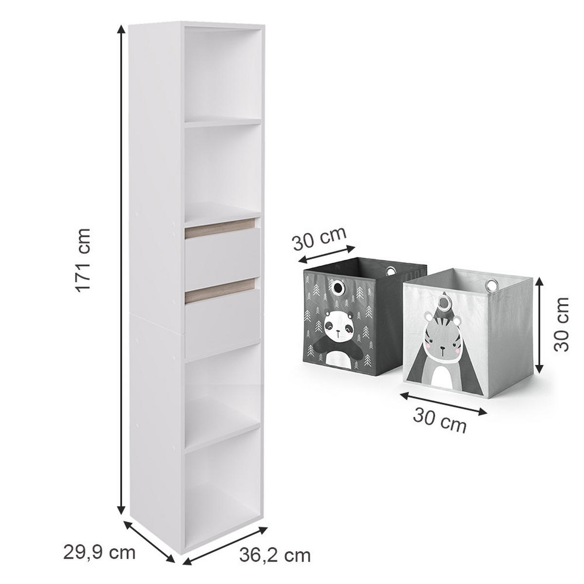 KINDERREGAL Robert Weiß 36.2 x 171 cm mit Faltboxen grau - Weiß, Holzwerkstoff (36.2/171/29.9cm) - Vicco