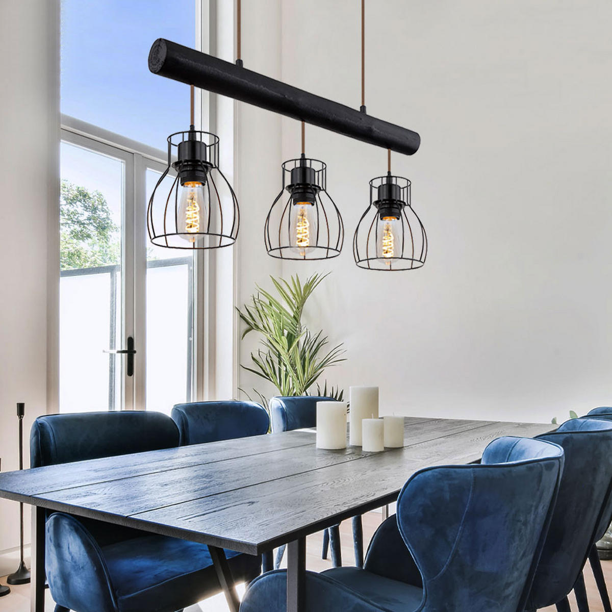 PENDELLAMPE Holz Schwarz Metallgitter - Schwarz, Holz (60/13.6/140cm) - Globo Lighting