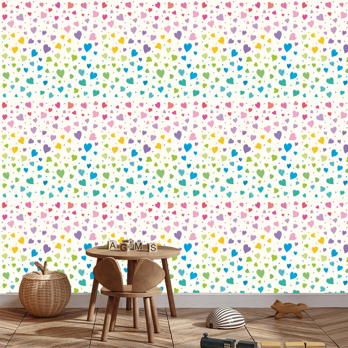 VLIESTAPETE Bunte Herzen im Boho-Stil – Bunt, Weiß – 50x1000 cm - Multicolor/Weiß, Papier (50/1000cm) - Muralo