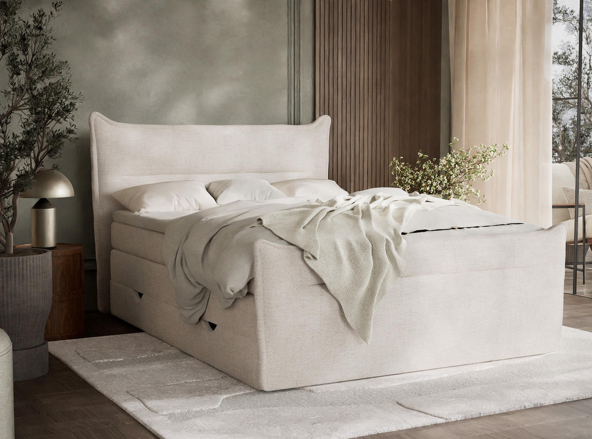 BOXSPRINGBETT Pelino 140/200 cm, in Beige, Bettkasten, Matratze, Topper - Beige/Schwarz, Holz/Holzwerkstoff (140/200cm) - Maison de Reve