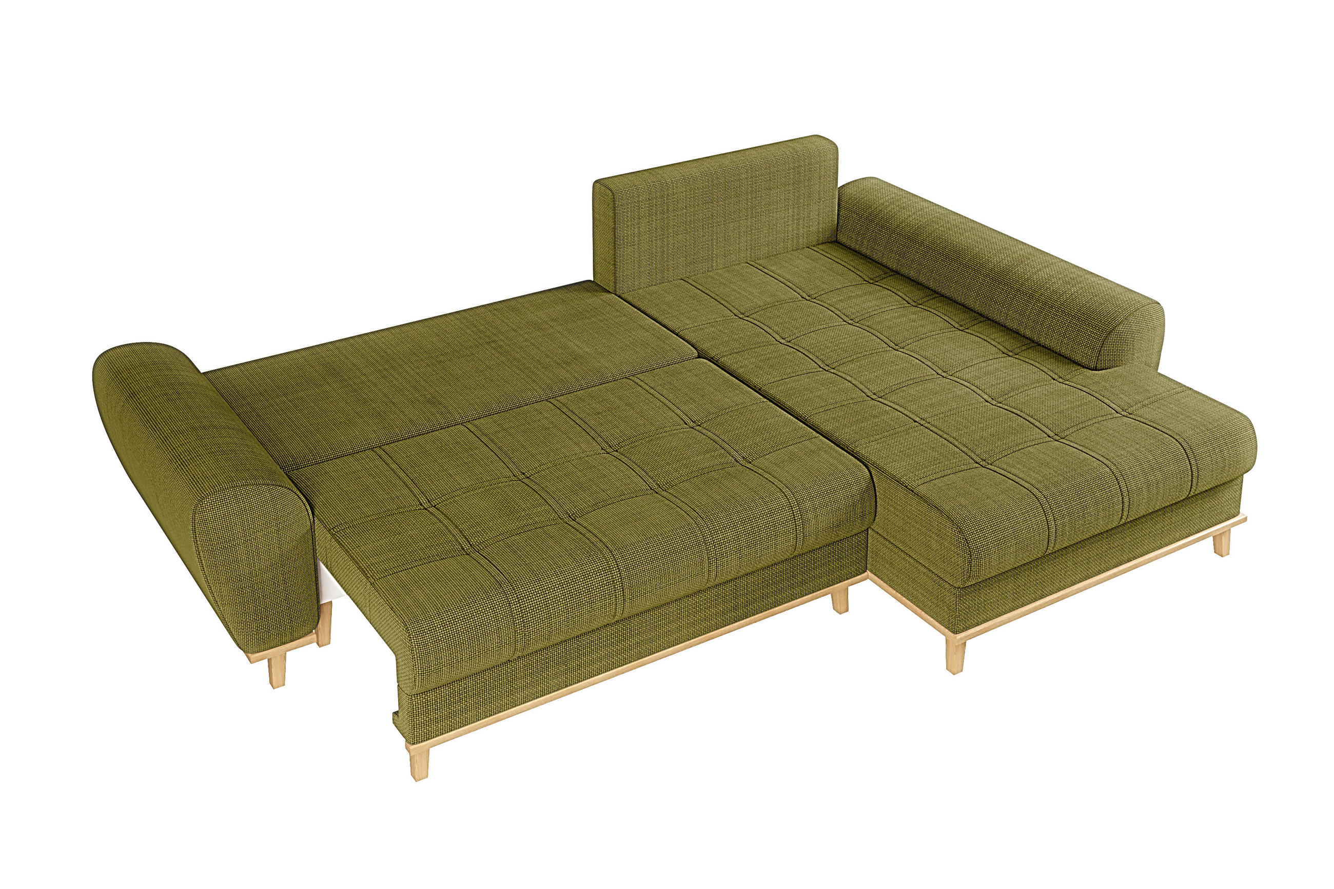 ECKSOFA im Scandi-Stil, Schlaffunktion, Bettkasten B268/T175/H86 cm, Ottomane rechts, Liegefl. 128x209 cm, Bouclé Chenille Stoff in Grün / 21015 - Eichefarben/Grün, Holz/Textil (268/175cm) - luma-home