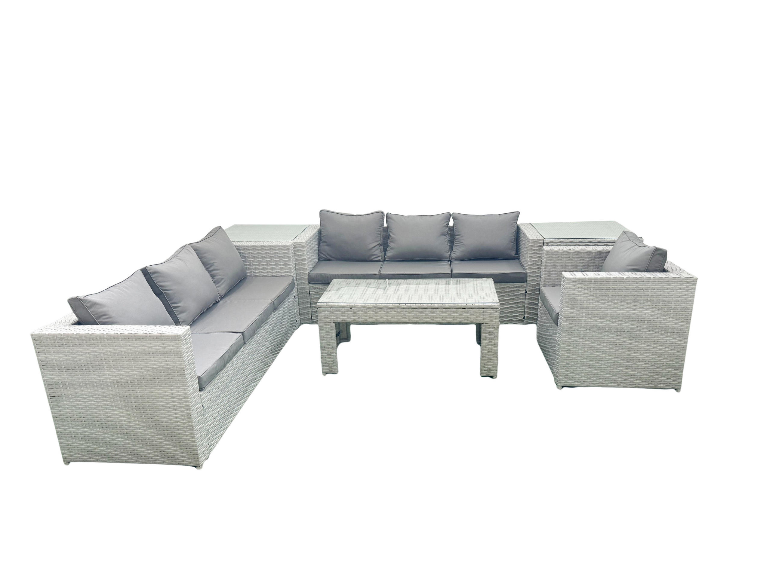 GARTENSOFA hohe Rückenlehne Polyrattan Hellgrau-Mix 7-Sitzer - Hellgrau/Grau, Glas/Kunststoff - Fimous