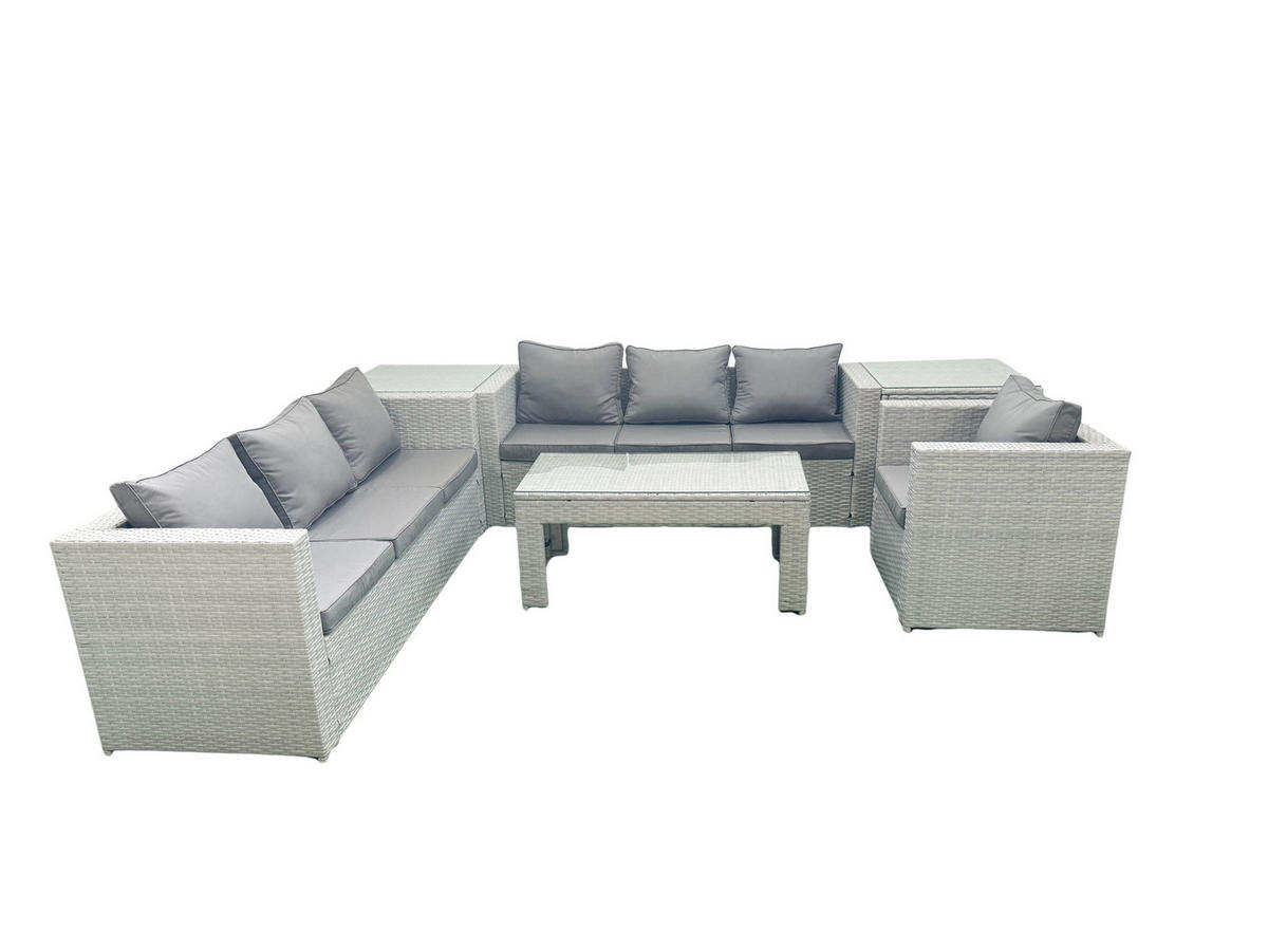 GARTENSOFA hohe Rückenlehne Polyrattan Hellgrau-Mix 7-Sitzer - Hellgrau/Grau, Glas/Kunststoff - Fimous