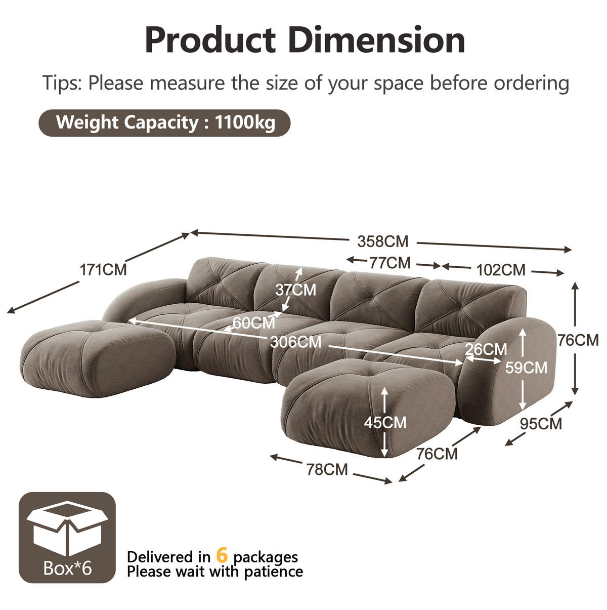 SOFA modular rahmenlos Chenille Braun - Braun, Kunststoff (171/76/358.1cm) - Meubliv
