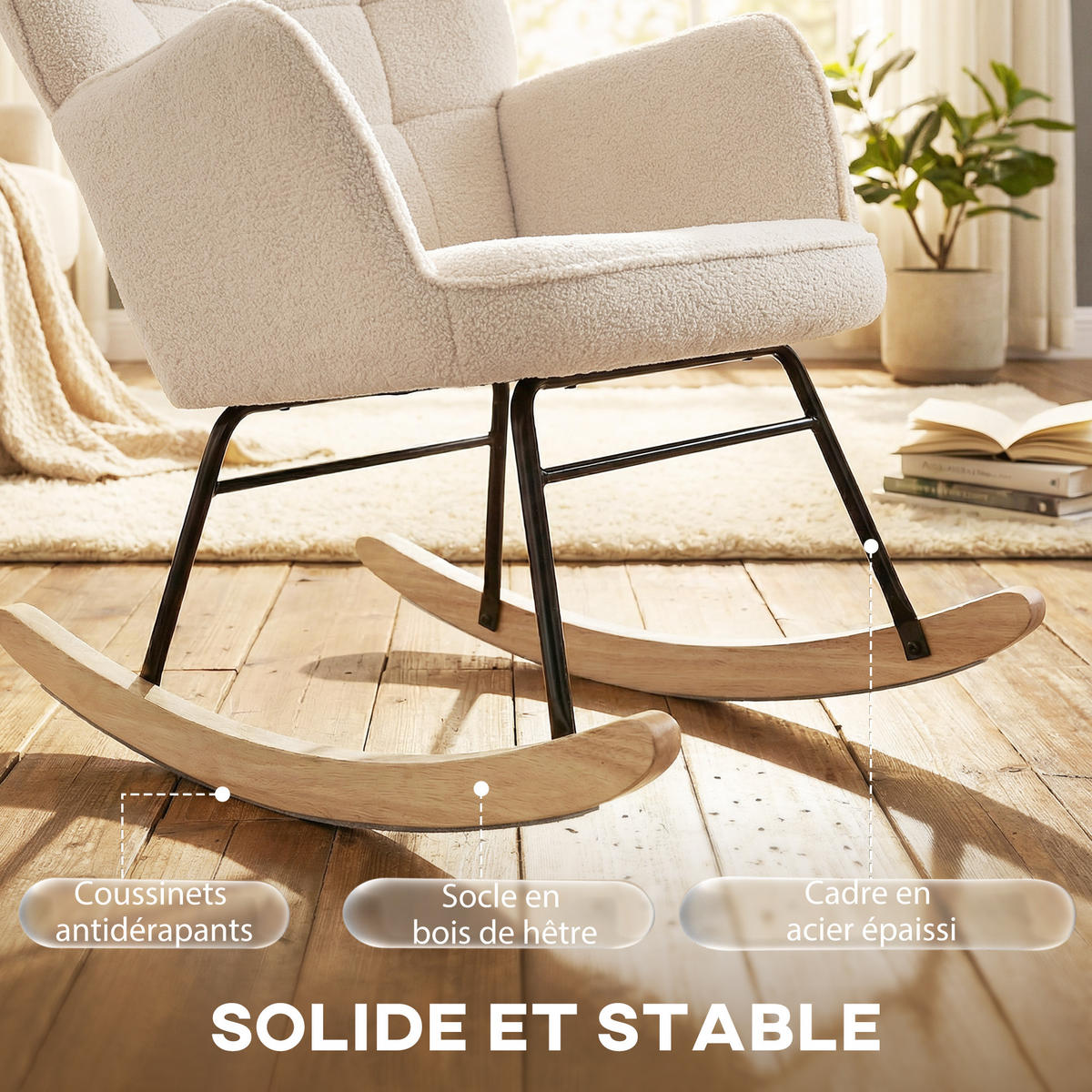 SCHAUKELSTUHL DE-17372 Bouclé-Wolloptik mit Stahlgestell Beige - Beige, Metall (98/101/71cm) - ComfortXL
