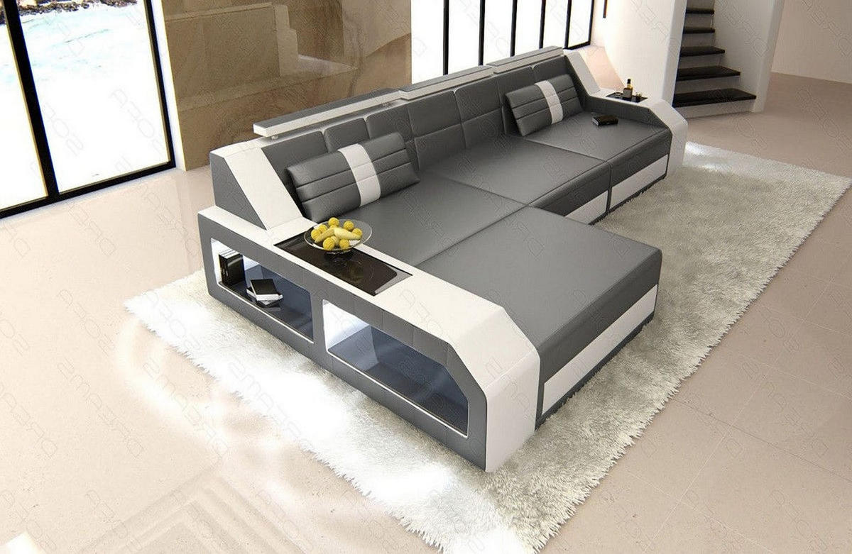 COUCH Arezzo L Grau Weiß Ledermix - Grau, Textil (308/194cm)