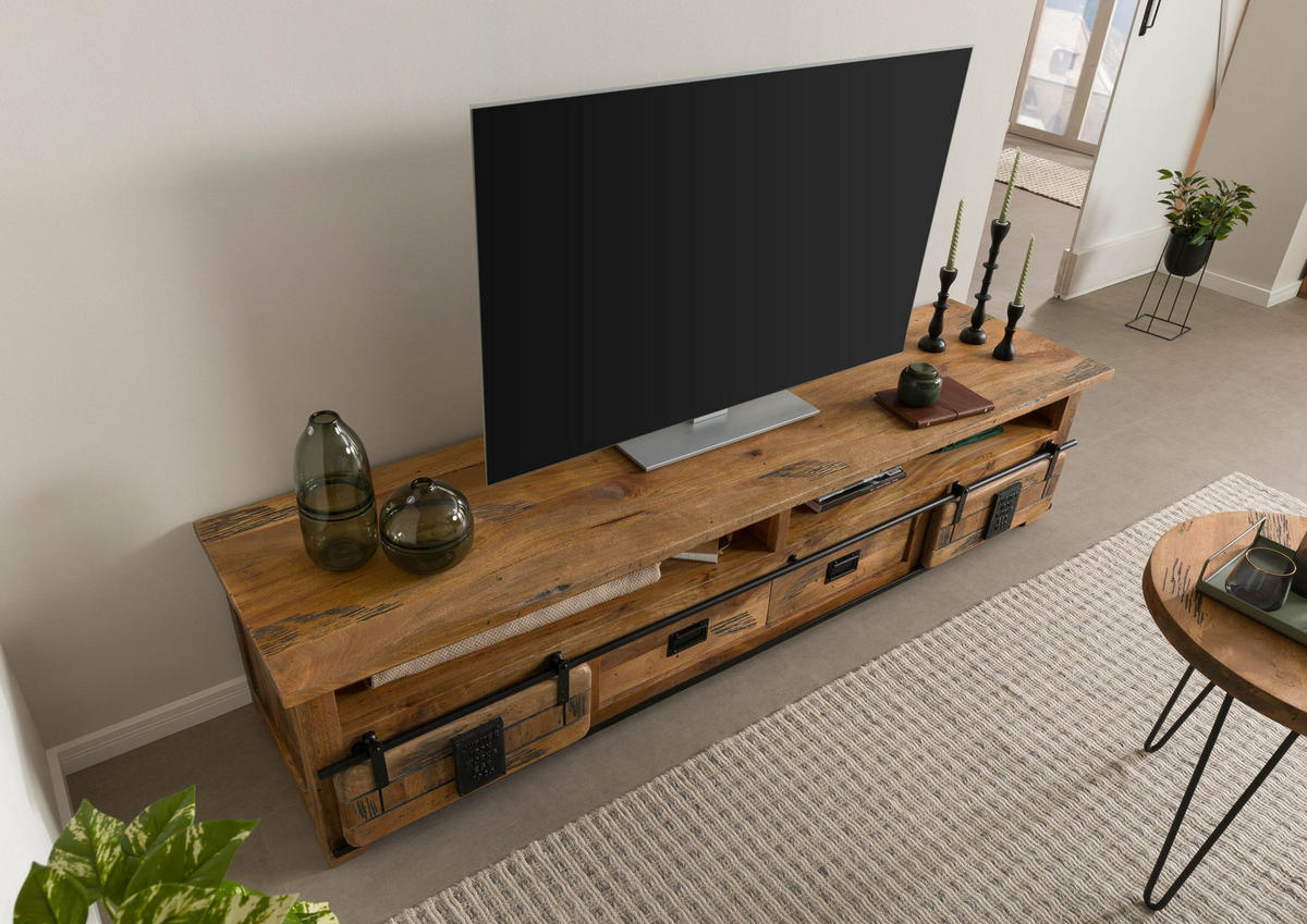 TV-BOARD Mango / Altholz 220x55x50 natur lackiert RAILWAY LUX #132 - Naturfarben, Holz (220/50/55cm) - Massivmoebel24