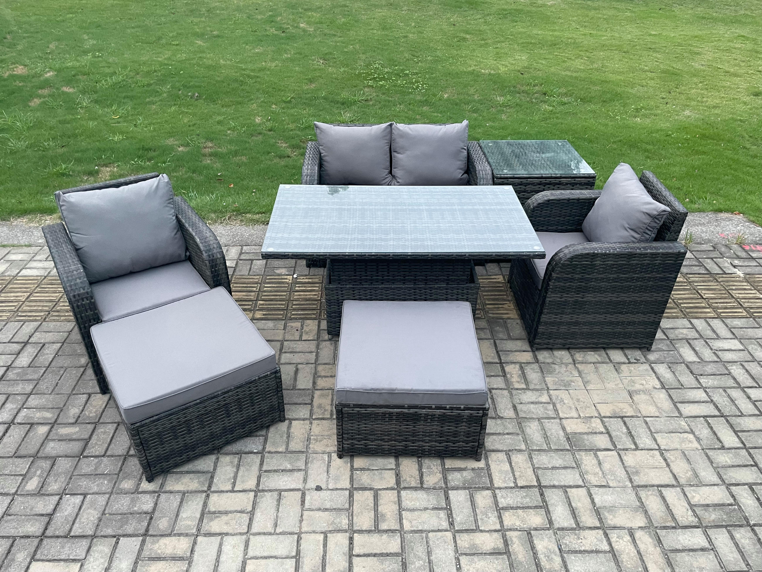GARTENSET Polyrattan 6-Sitzer - Dunkelgrau/Grau, Glas/Kunststoff - Fimous