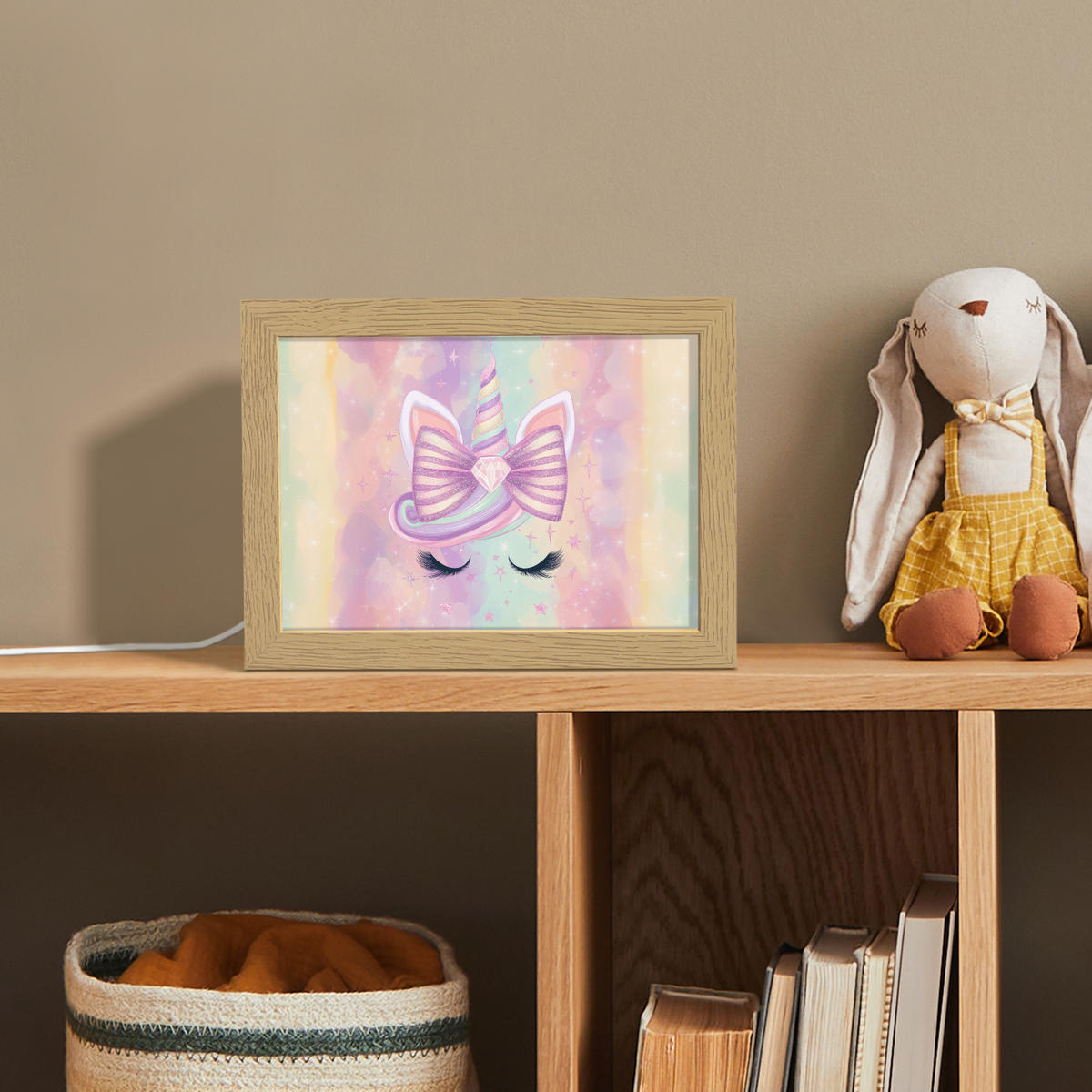 NACHTTISCHLAMPE Einhorn - Glitzer - Regenbogen - Pastell 20x15 cm - Hellrosa, Holzwerkstoff (8/20/15cm)