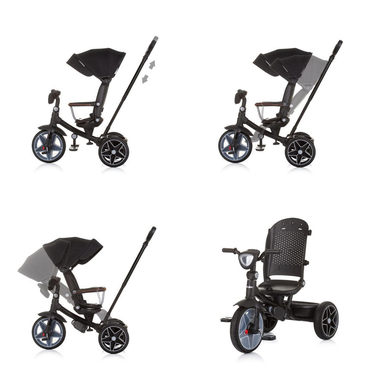 DREIRAD Derby 2 in 1 schwarz Musik, Licht, Korb, Schiebegriff, Gurt - Schwarz, Metall (80/50/105cm) - Chipolino