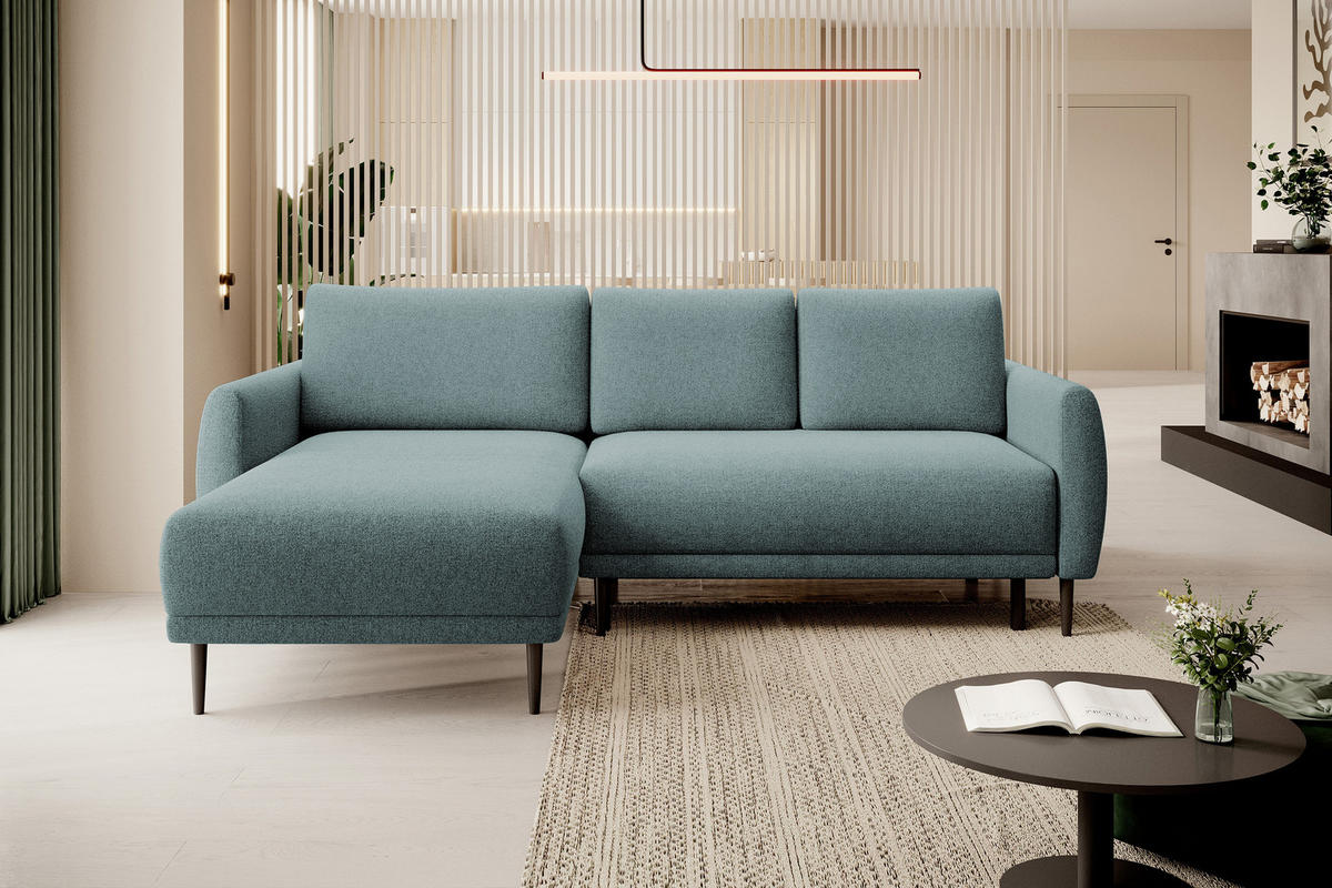 ECKSOFA BONO Stilvolles Sofa mit Schlaffunktion, Robuste Holzfüße, Elegante Armlehnen, Tiefe Sitzfläche 226x164x88cm, Linke, Hellblau - Hellblau, Holz/Textil (164/226cm) - DomoHome