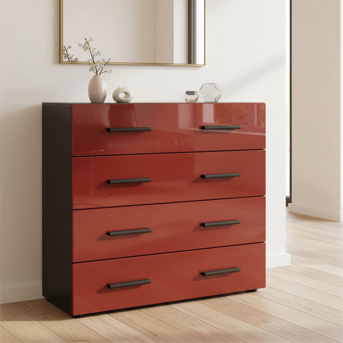 KOMMODE Den, Sideboard mit 4 Schubladen, Made in Germany, Moderner Schrank, Schwarz matt / Bordeaux Hochglanz (76 x 72 x 35 cm) - Bordeaux, Holzwerkstoff (76/72/33cm) - InnoFurn