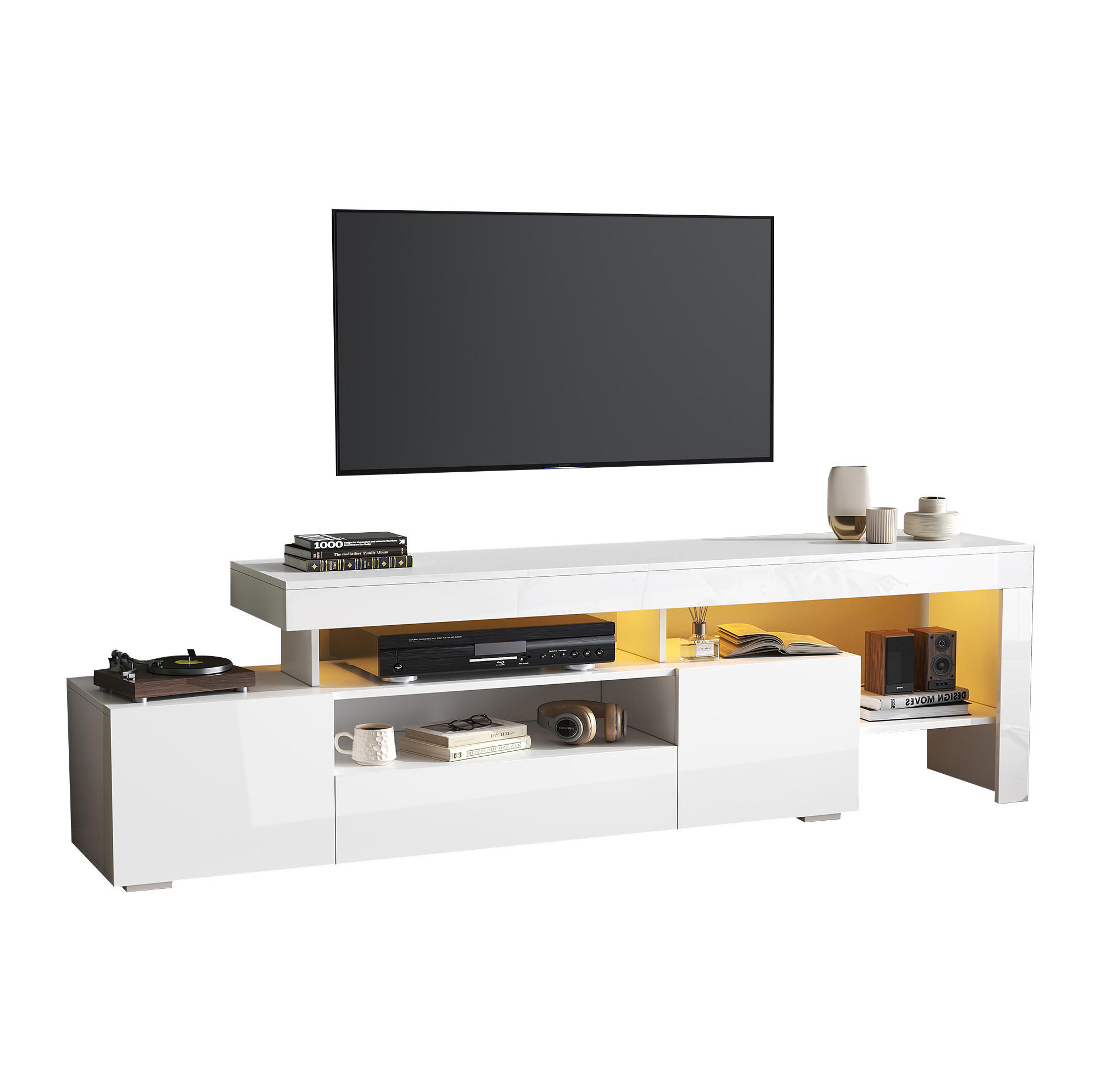 Modfu TV stolek z dřevotřísky 192x37x53 cm bílý s LED osvětlením, vysokým leskem a 3 výklopnými dvířky