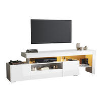 TV-LOWBOARD aus Spanplatte 192x37x53 cm Weiß mit LED-Beleuchtung, Hochglanzfront und 3 Klapptüren - Weiß, Holzwerkstoff (192/53/37cm) - Modfu