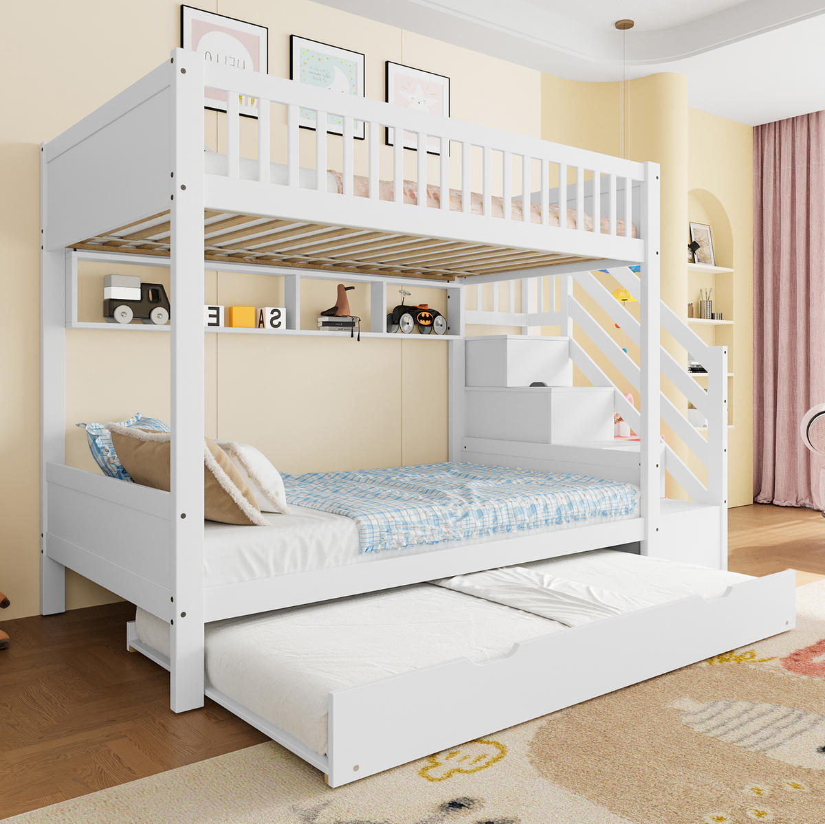 ETAGENBETT 254/95/165 cm aus Kiefernholz mit Ausziehbett und Kleiderschrank Weiß - Weiß, Holz (90/200cm) - Modenvie