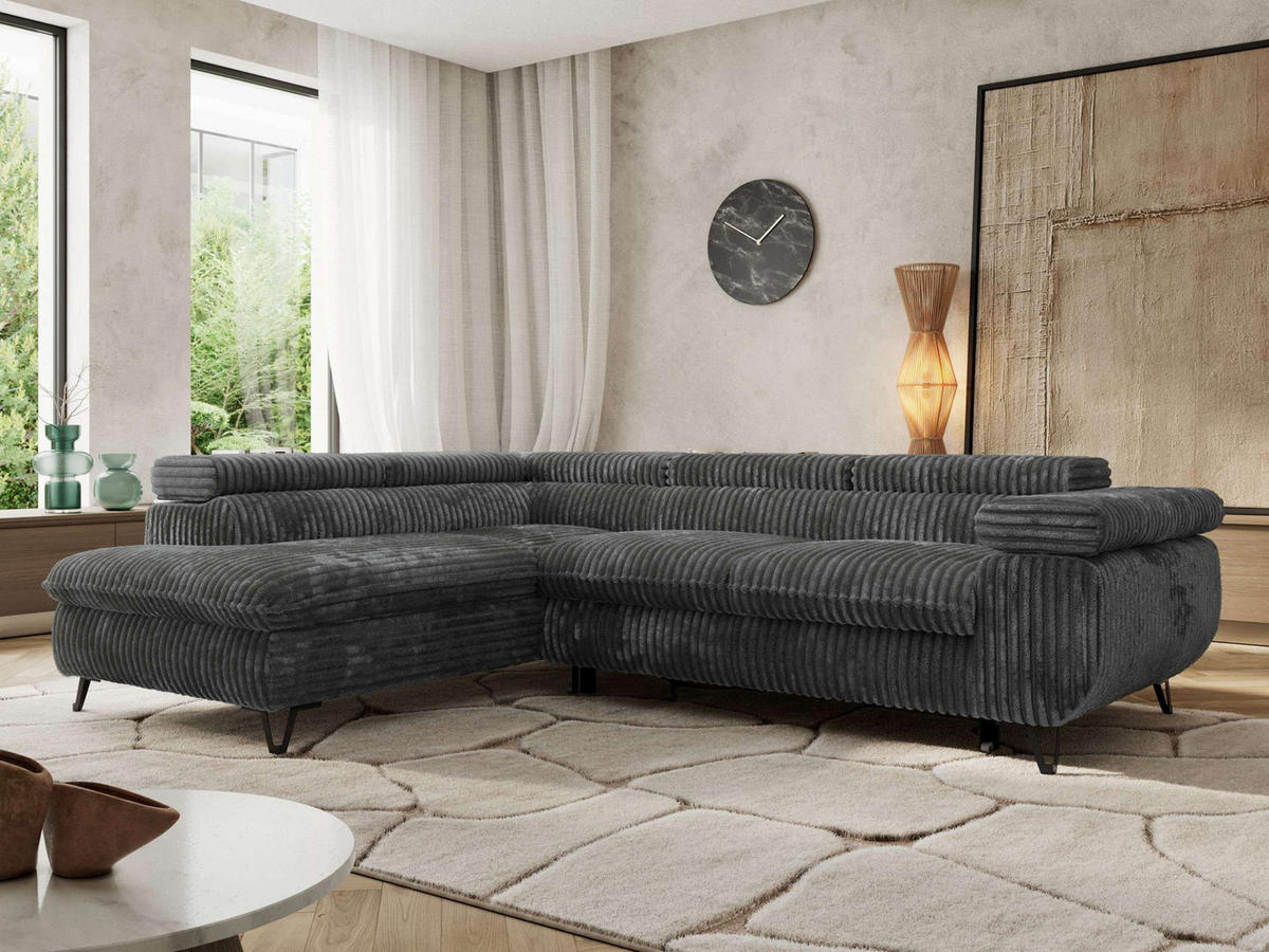 ECKSOFA PABLO L Dunkelgrau Cord - Links Seite mit Visco Topper - Dunkelgrau/Schwarz, Textil/Metall (208/273cm) - MKS