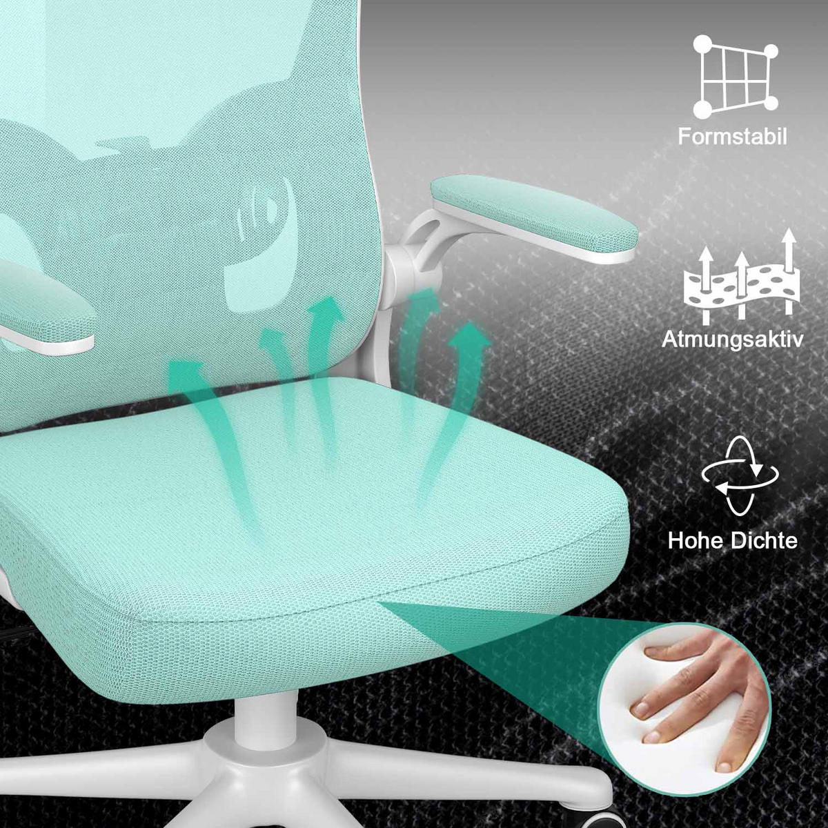 BÜROSTUHL ergonomisch, höhenverstellbar, klappbare Armlehnen, Kopfstütze – Grün - Grün, Metall (50.5/134/52cm) - Rattantree