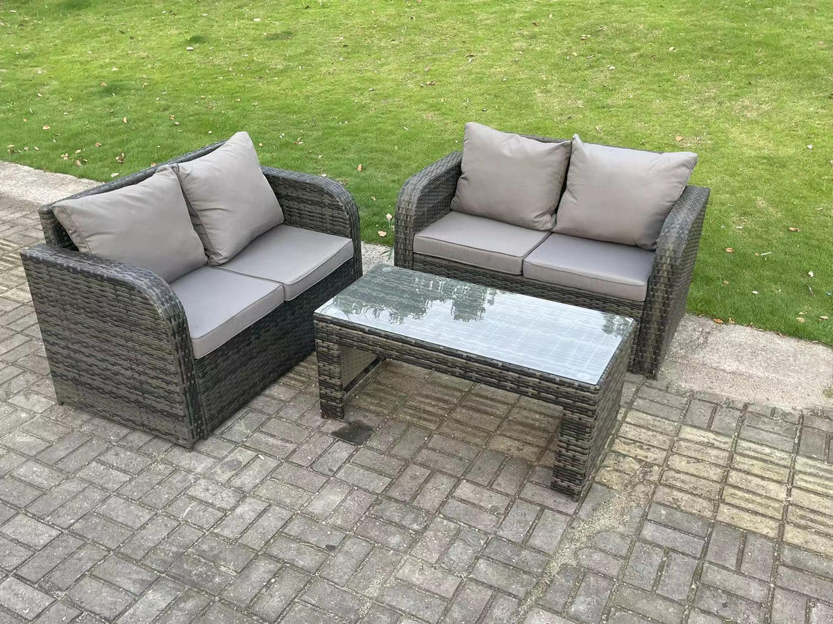 GARTENSOFA SET Polyrattan 4-Sitzer - Dunkelgrau/Grau, Glas/Kunststoff - Fimous