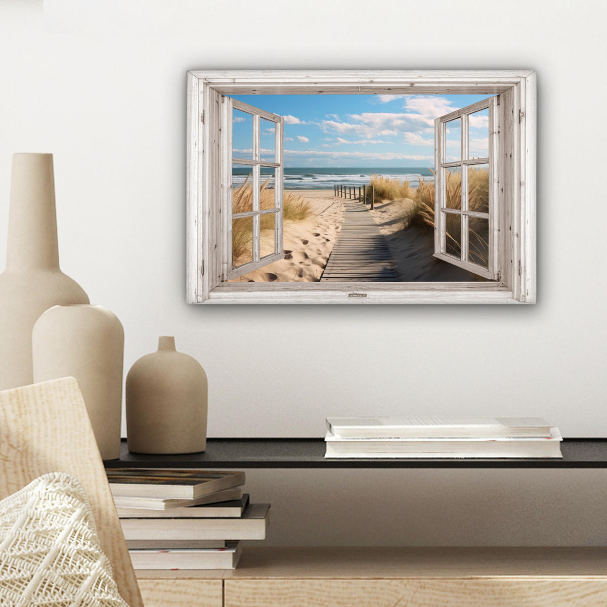 LEINWANDBILD Fenster - Meer - Küste - Natur - Ausblick - Strand - Wattenmeer 30x20 cm - Beige, Textil (30/20cm) - MuchoWow