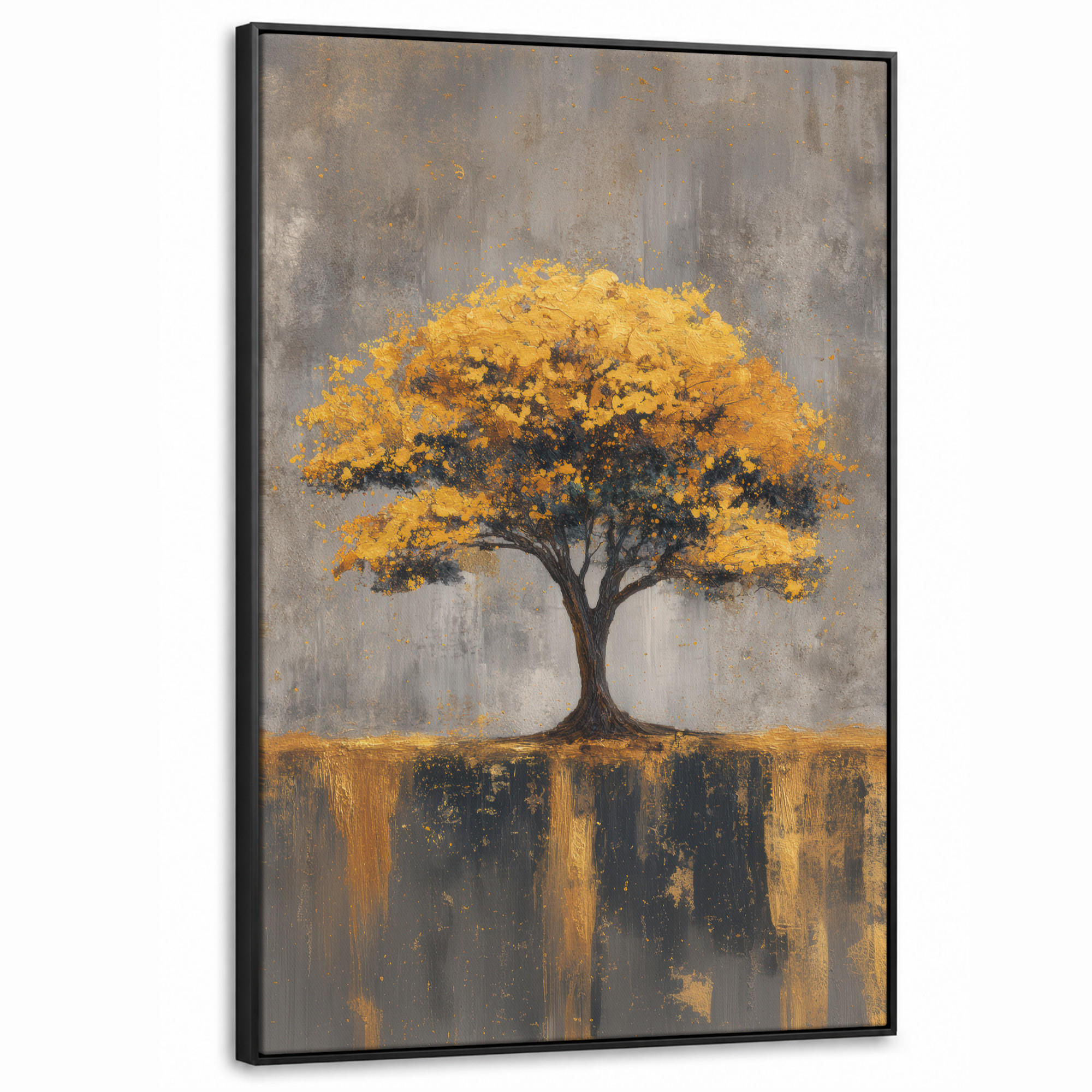 LEINWAND Bilder mit Rahmen - Baum - Blätter - Gold - Abstrakt - 80x120 - Grau, Textil (80/120cm) - MuchoWow