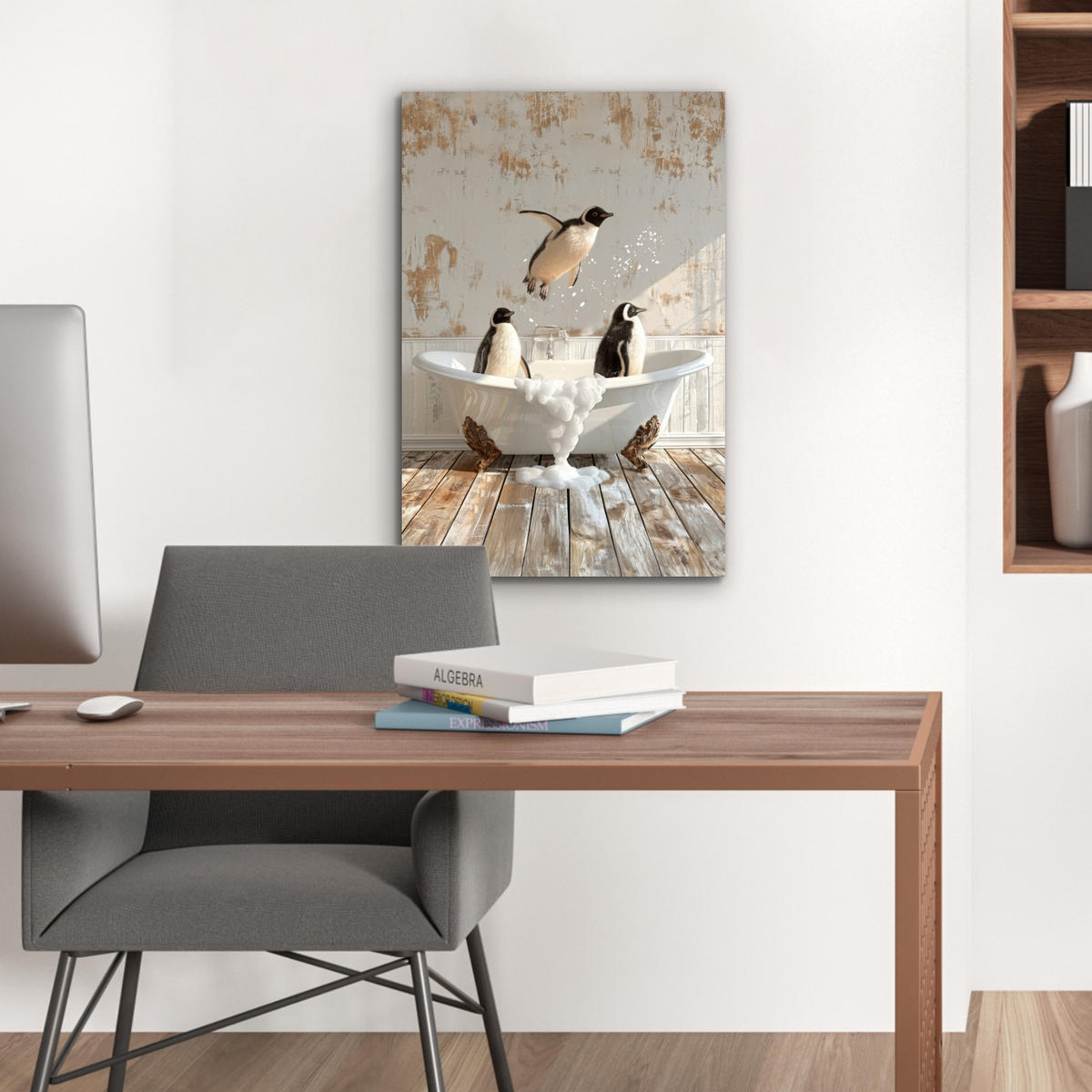METALLBILD Vintage - Pinguin - Badewanne - Schaumstoff 40x60 cm - Schwarz, Metall (40/60cm) - MuchoWow