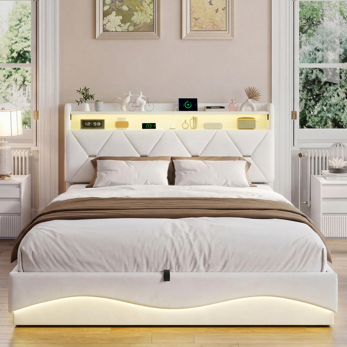 POLSTERBETT 160/200 cm beige Samt Stauraum LED USB Regal - Beige, Holz
