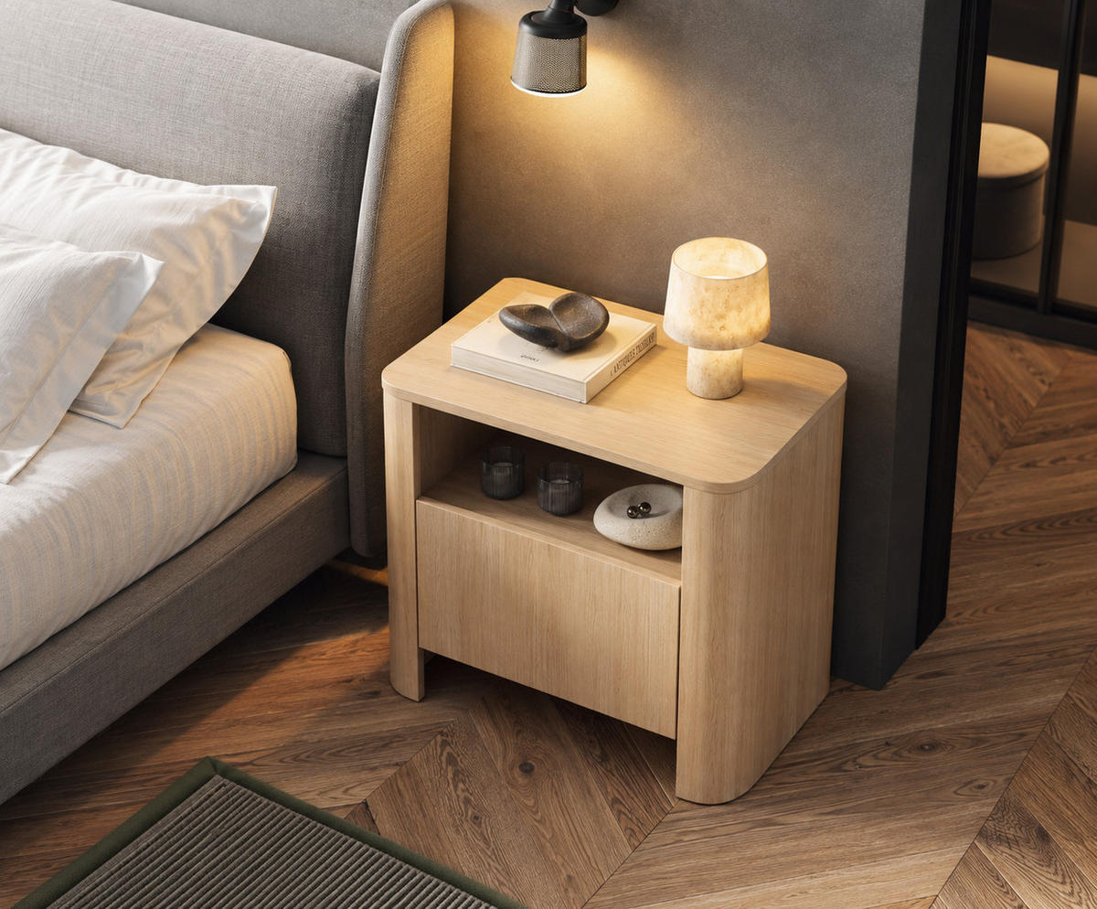 ABGERUNDETER Nachttisch AURA SN1SZ (Kaschmir Matt, Gold, Push to Open) - Eichefarben, Holz/Holzwerkstoff (58/52/39cm) - Ravio