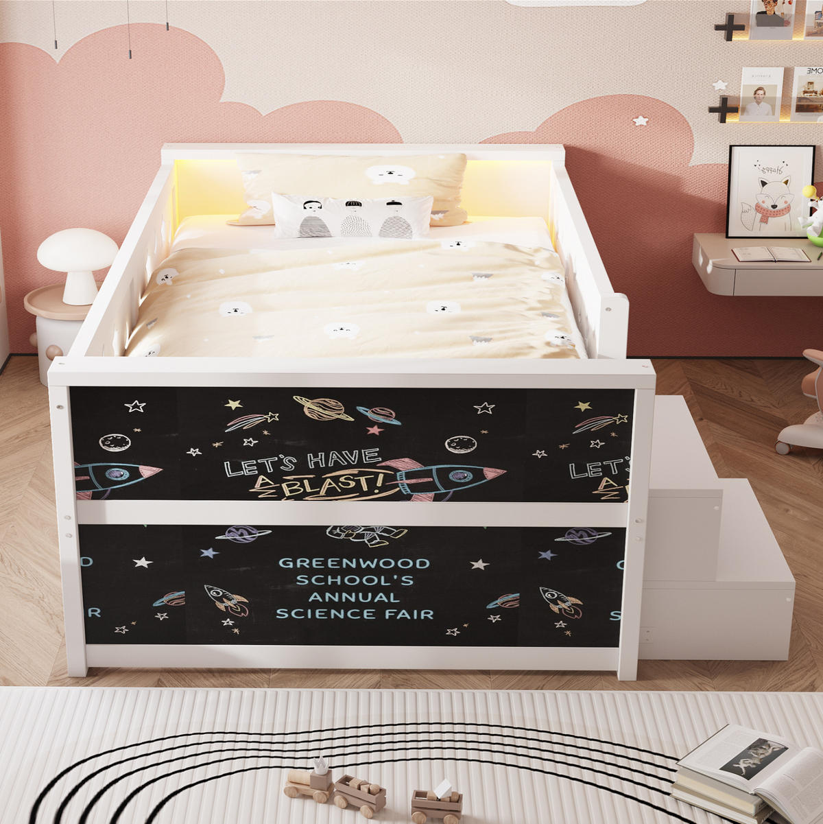 KINDERBETT Holz 90x200 cm Weiß mit LED, Tafel, 4 Schubladen und Sicherheitsgitter - Weiß, Holz (90/200cm) - Modfu