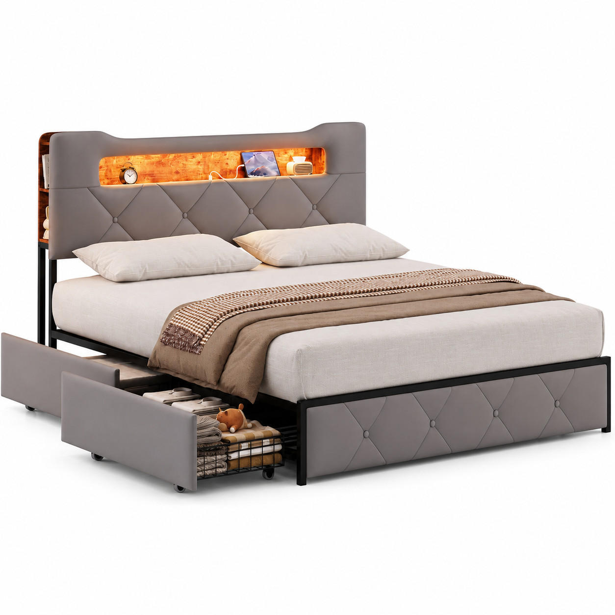 POLSTERBETT 160/200 cm Grau,mit LED-Beleuchtung und USB-Anschlüssen, Doppelbett mit Lattenrost - Naturfarben/Grau, Holz/Textil (160/200cm) - FURNISHINGS HOME
