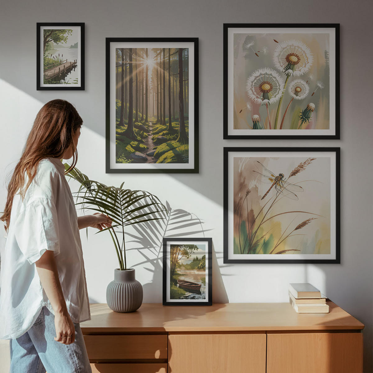 WANDBILDER 5er-Set - 50x50 cm & 20x30 cm & 40x60 cm Schwarzer Rahmen - See, Wald, Boot, Morgennebel - Schwarz, Kunststoff (40/60cm) - ArtPrintCave