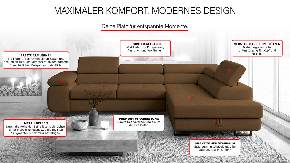 ECKSOFA Velmo mit Bettkasten und Schlaffunktion, verstellbaren Kopfstützen, in L-Form - Braun, Textil (275/203cm)