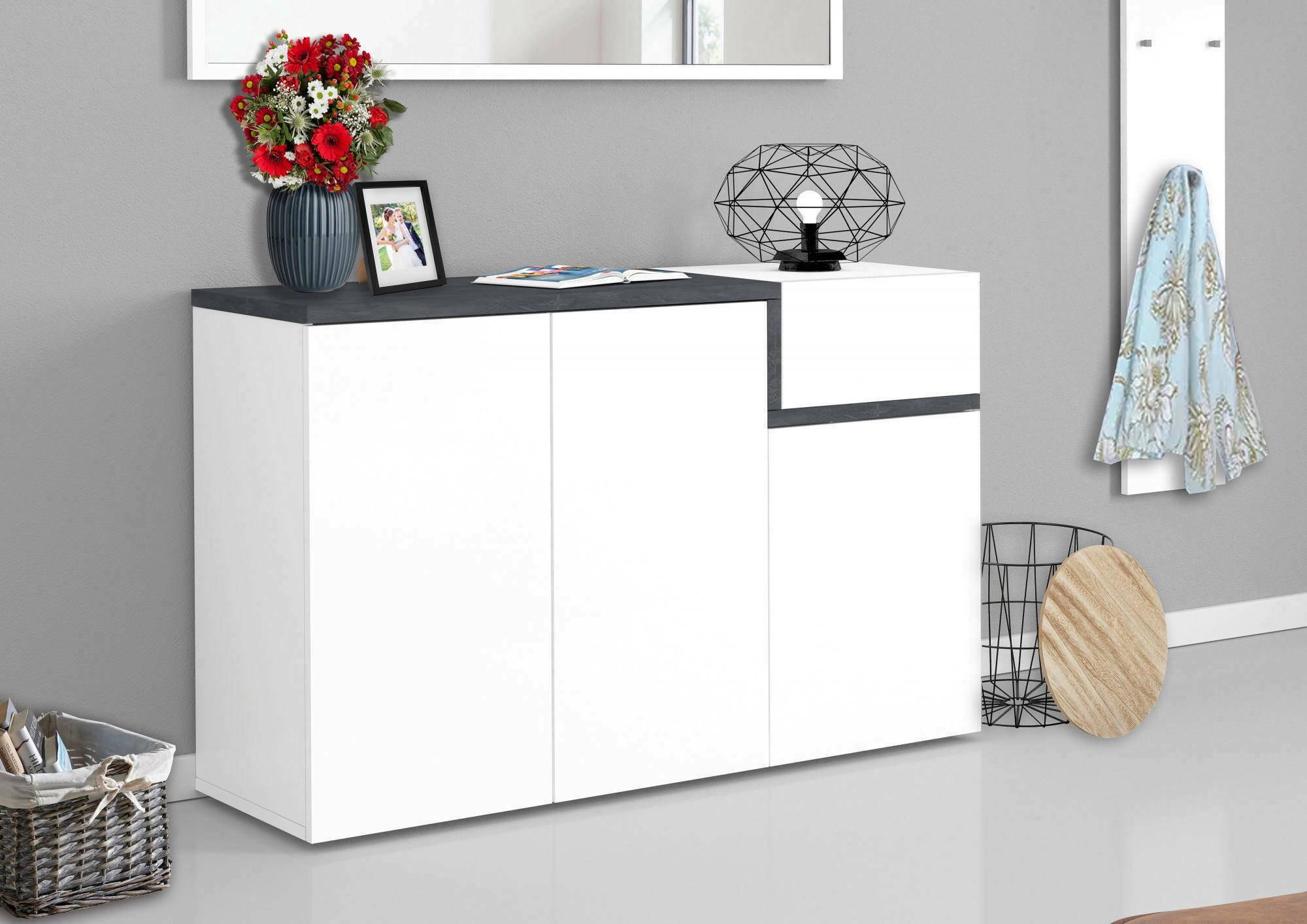 SCHUHSCHRANK Glänzendes Weiß, Schiefer 40/120/80 cm - Schieferfarben/Weiß, Holzwerkstoff (120/80/40cm) - DMORA