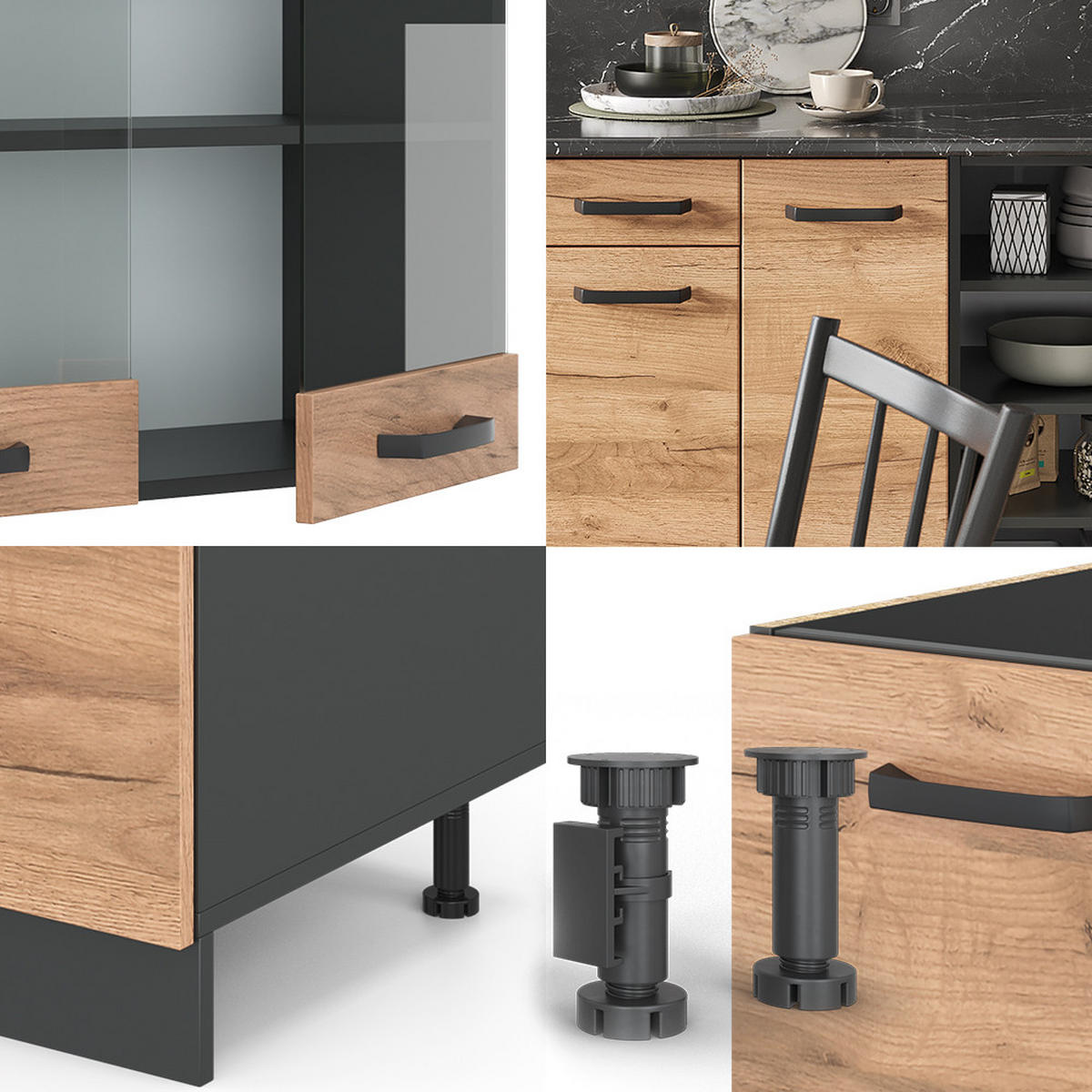 KÜCHENZEILE R-Line Goldkraft Eiche/Anthrazit 240 cm, AP Eiche - Anthrazit/Eiche Wotan, Holzwerkstoff (240/81.6/60cm) - Vicco