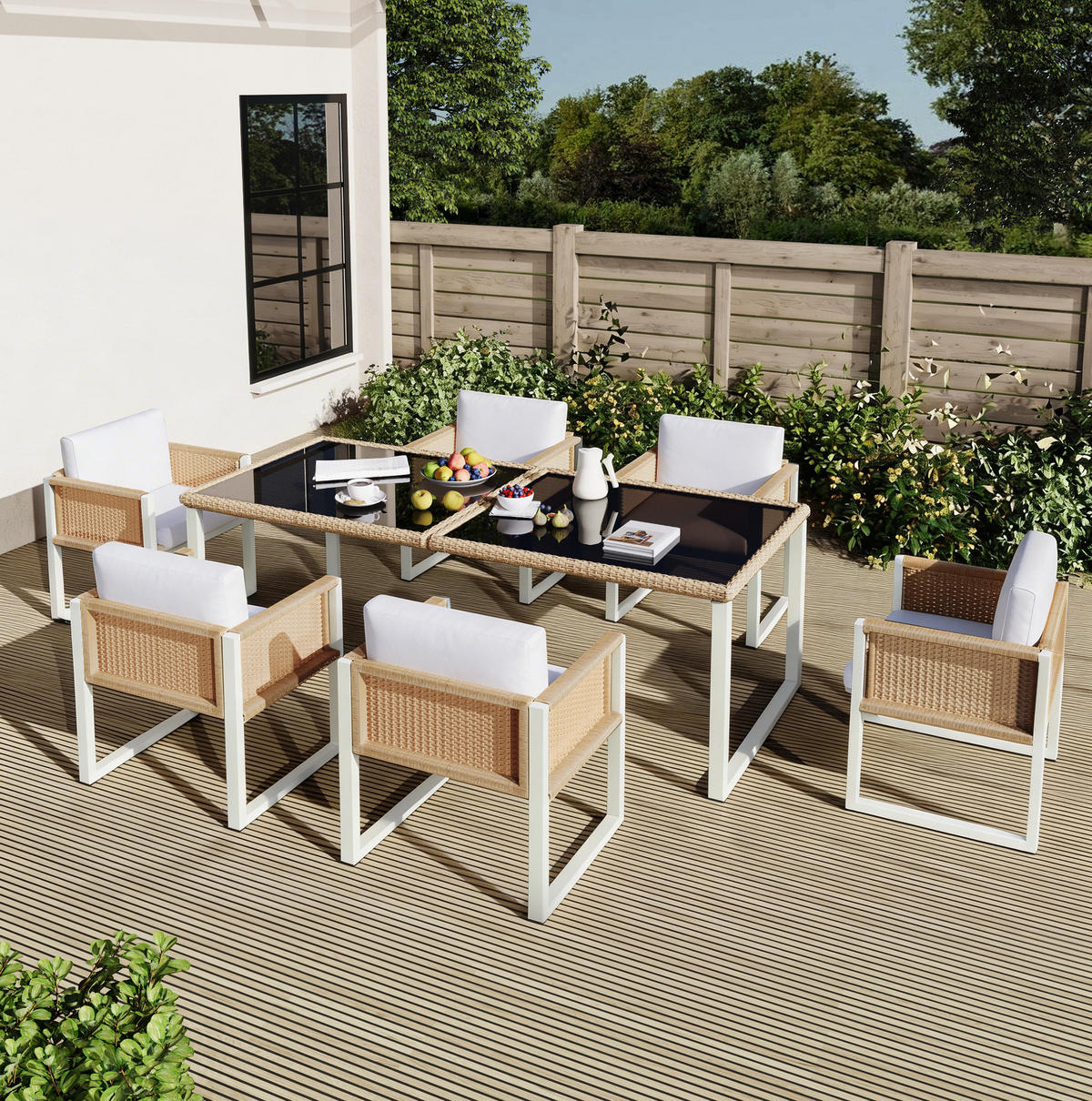GARTENMÖBEL-SET 7-tlg. mit Glastisch und 6 Stühlen Braun Weiß - Braun, Holz - Beauniv