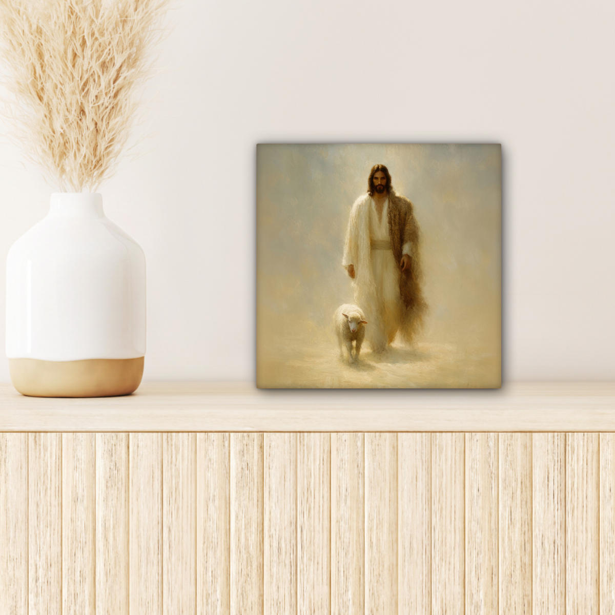 LEINWANDBILD Schaf - Jesus - Pinselstriche - Abstrakt Deko Wohnzimmer 20x20 cm - Sandfarben, Textil (20/20cm) - MuchoWow