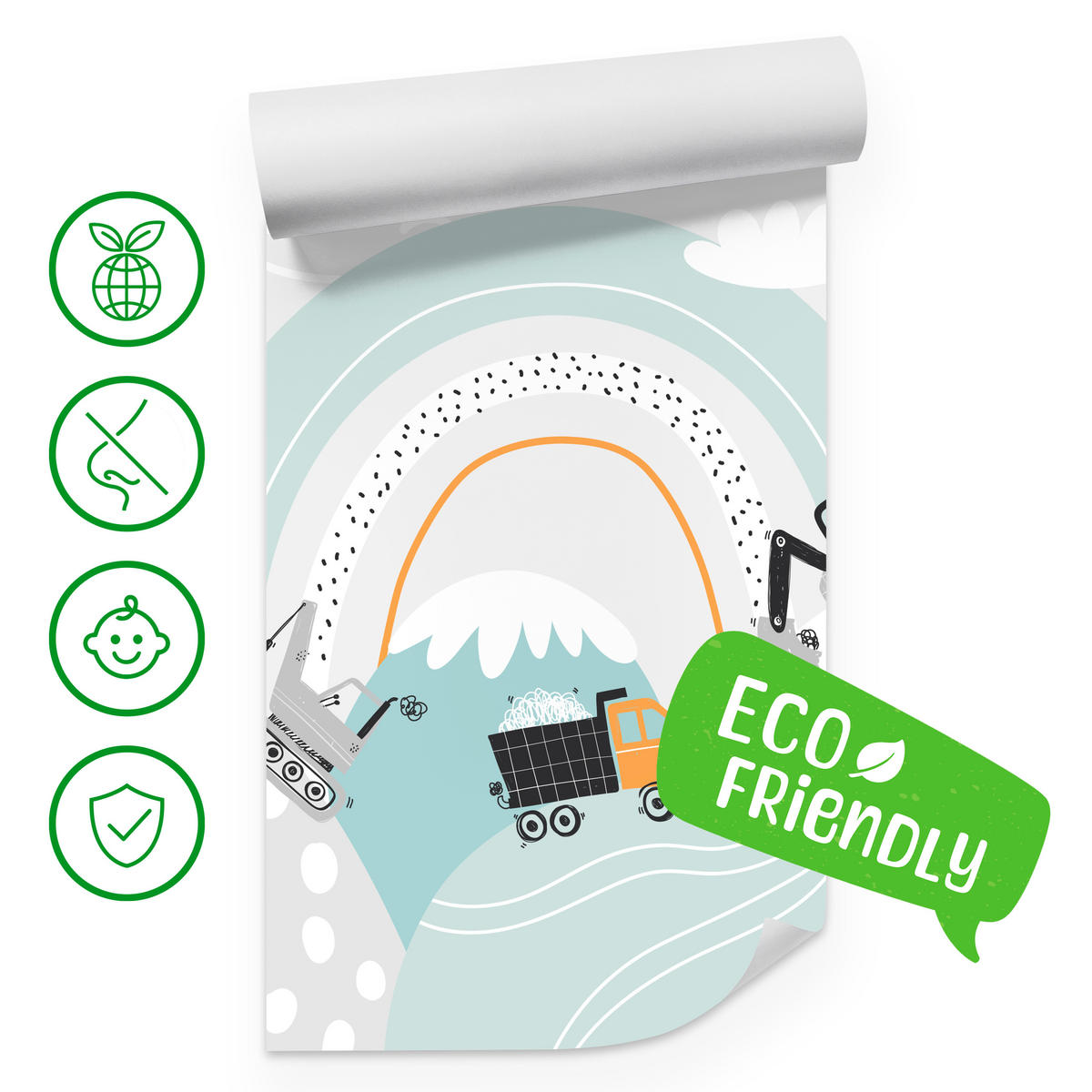 FOTOTAPETE für Kinderzimmer Baumaschinen Regenbogen Hügel Wolken 300x210 - Blau/Schwarz, Papier (300/210cm) - Muralo