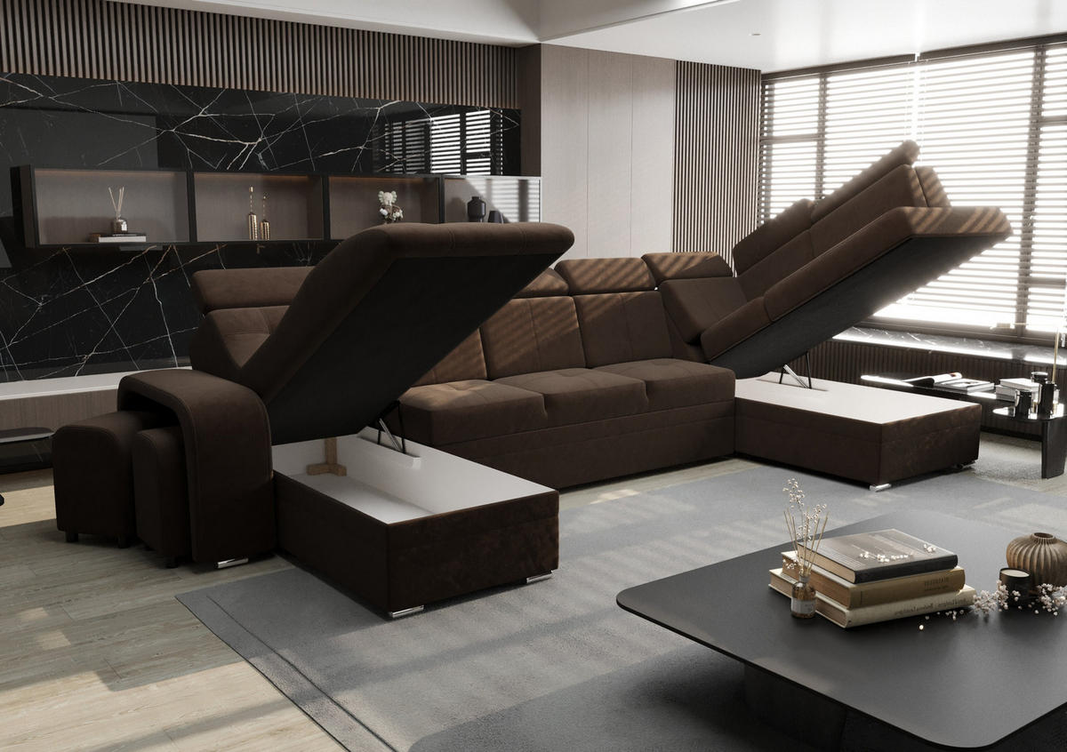 WOHNLANDSCHAFT KONGO RBN13, Eckcouch in U-Form mit Schlaffunktion, Farbe: Schwarz, Kunstleder, Ottomane Links - Schwarz, Textil (392/108/180cm) - O-Sofa