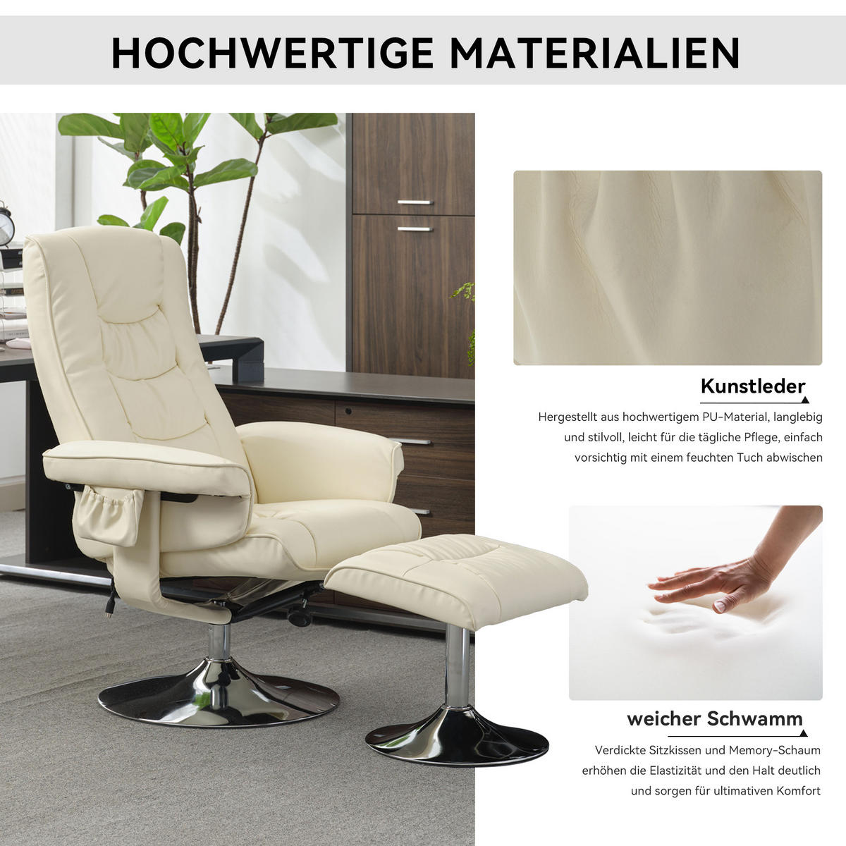 MASSAGESESSEL PU-Leder mit Fußhocker 79/79/106 cm Beige - Beige, Kunststoff (79/106/79cm) - Redom