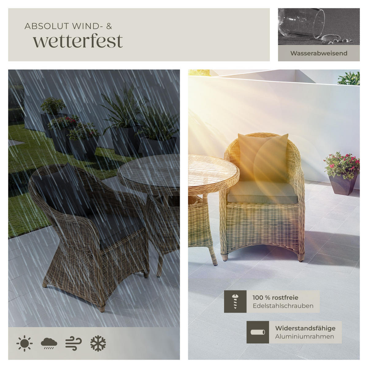 RATTAN SITZGRUPPE Zürich,Stühle vormontiert,natur - Naturfarben, Kunststoff - tectake